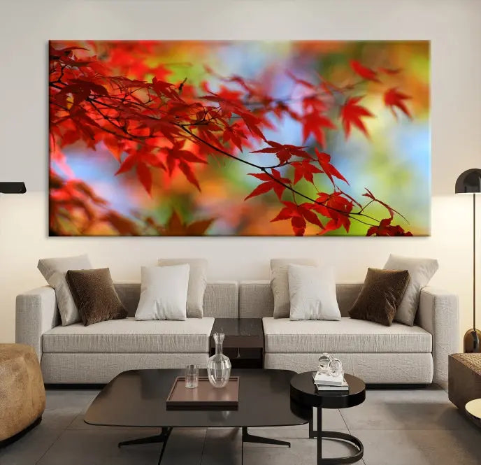 On the wall is the Red Leaves Autumn Forest Wall Art Canvas Print, a triptych with museum-quality canvas and UV-protective coating, ready to hang and enhance the space with its captivating allure.