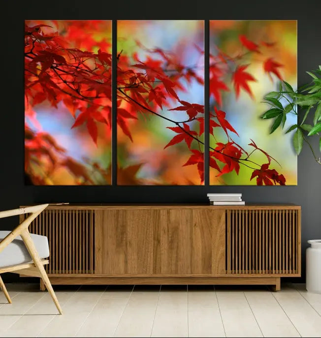 On the wall is the Red Leaves Autumn Forest Wall Art Canvas Print, a triptych with museum-quality canvas and UV-protective coating, ready to hang and enhance the space with its captivating allure.