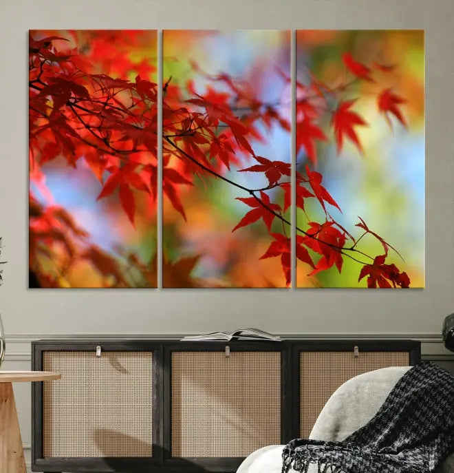 On the wall is the Red Leaves Autumn Forest Wall Art Canvas Print, a triptych with museum-quality canvas and UV-protective coating, ready to hang and enhance the space with its captivating allure.