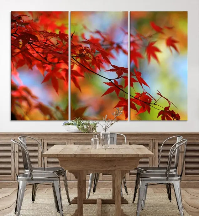 On the wall is the Red Leaves Autumn Forest Wall Art Canvas Print, a triptych with museum-quality canvas and UV-protective coating, ready to hang and enhance the space with its captivating allure.