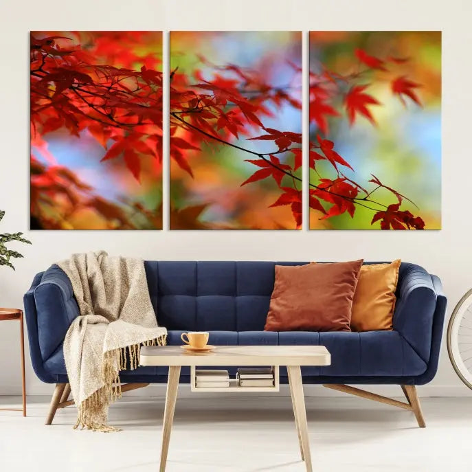 On the wall is the Red Leaves Autumn Forest Wall Art Canvas Print, a triptych with museum-quality canvas and UV-protective coating, ready to hang and enhance the space with its captivating allure.