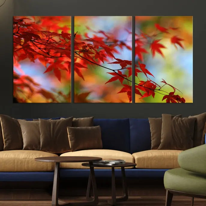 On the wall is the Red Leaves Autumn Forest Wall Art Canvas Print, a triptych with museum-quality canvas and UV-protective coating, ready to hang and enhance the space with its captivating allure.