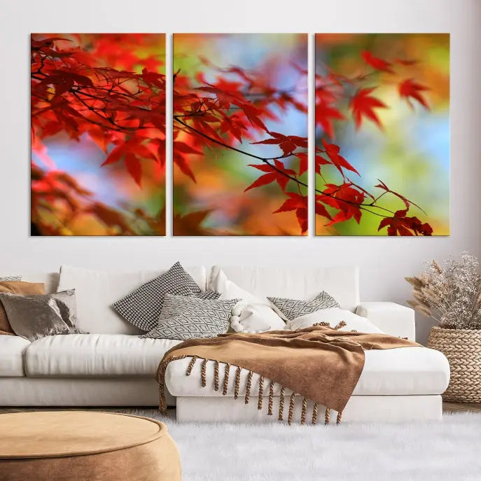 On the wall is the Red Leaves Autumn Forest Wall Art Canvas Print, a triptych with museum-quality canvas and UV-protective coating, ready to hang and enhance the space with its captivating allure.