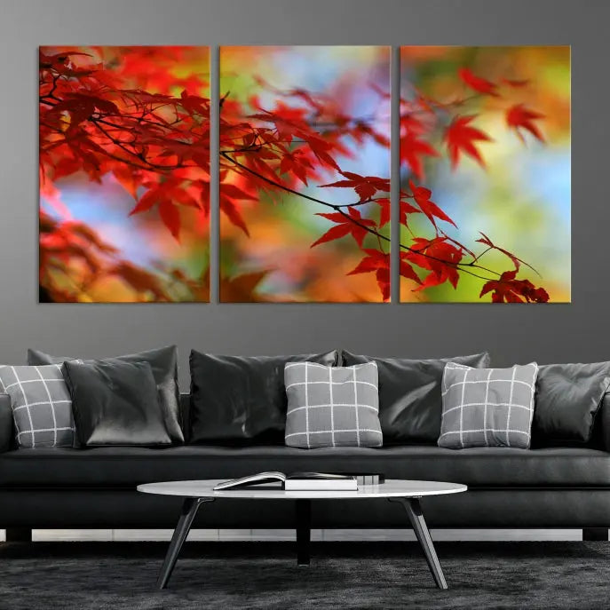 On the wall is the Red Leaves Autumn Forest Wall Art Canvas Print, a triptych with museum-quality canvas and UV-protective coating, ready to hang and enhance the space with its captivating allure.