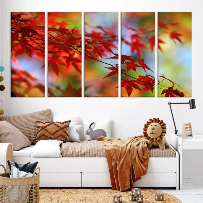 On the wall is the Red Leaves Autumn Forest Wall Art Canvas Print, a triptych with museum-quality canvas and UV-protective coating, ready to hang and enhance the space with its captivating allure.