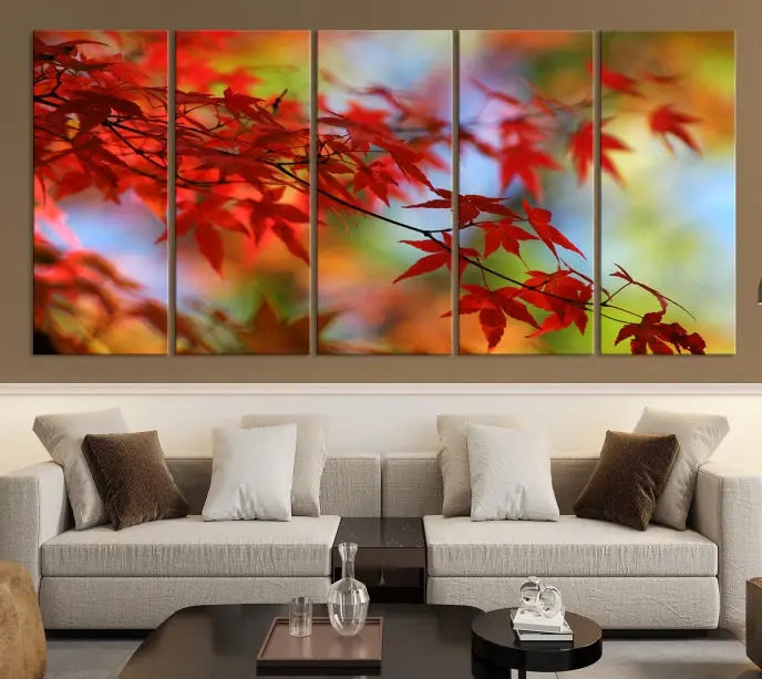 On the wall is the Red Leaves Autumn Forest Wall Art Canvas Print, a triptych with museum-quality canvas and UV-protective coating, ready to hang and enhance the space with its captivating allure.