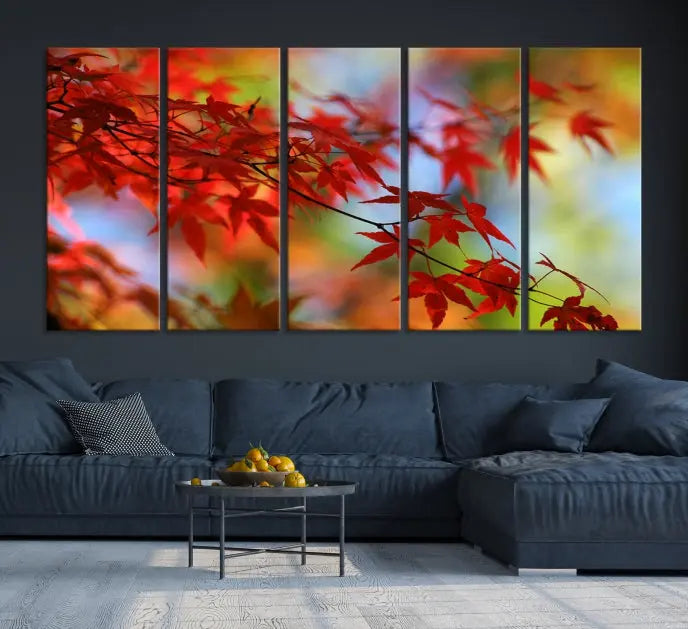 On the wall is the Red Leaves Autumn Forest Wall Art Canvas Print, a triptych with museum-quality canvas and UV-protective coating, ready to hang and enhance the space with its captivating allure.