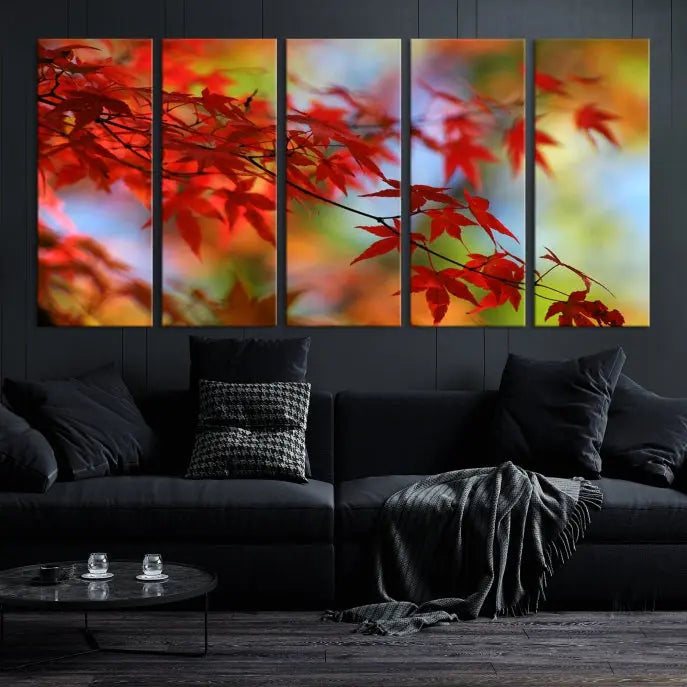 On the wall is the Red Leaves Autumn Forest Wall Art Canvas Print, a triptych with museum-quality canvas and UV-protective coating, ready to hang and enhance the space with its captivating allure.