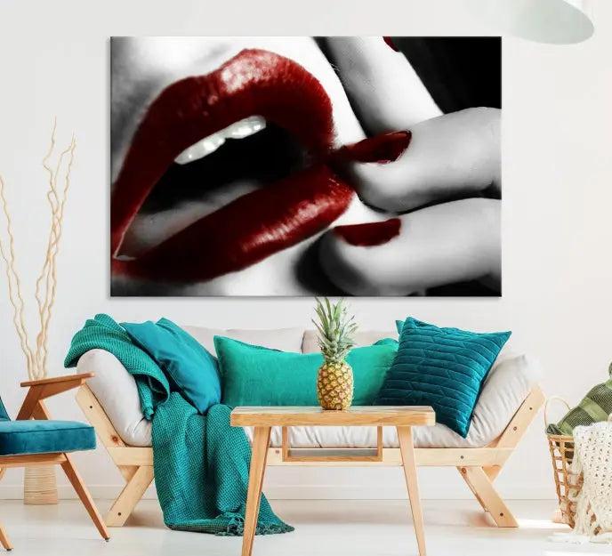 The wall features a black and white photo titled "Red Lips and Women Canvas Print," adding a touch of bold elegance to the room's contemporary art collection.