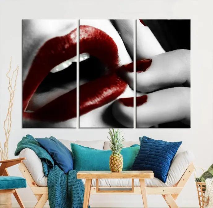 The wall features a black and white photo titled "Red Lips and Women Canvas Print," adding a touch of bold elegance to the room's contemporary art collection.