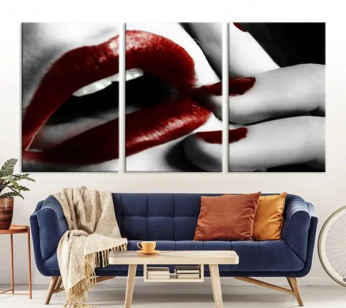 The wall features a black and white photo titled "Red Lips and Women Canvas Print," adding a touch of bold elegance to the room's contemporary art collection.