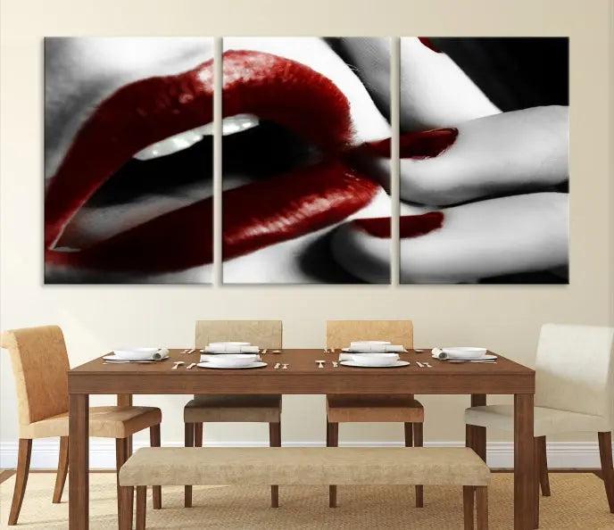 The wall features a black and white photo titled "Red Lips and Women Canvas Print," adding a touch of bold elegance to the room's contemporary art collection.