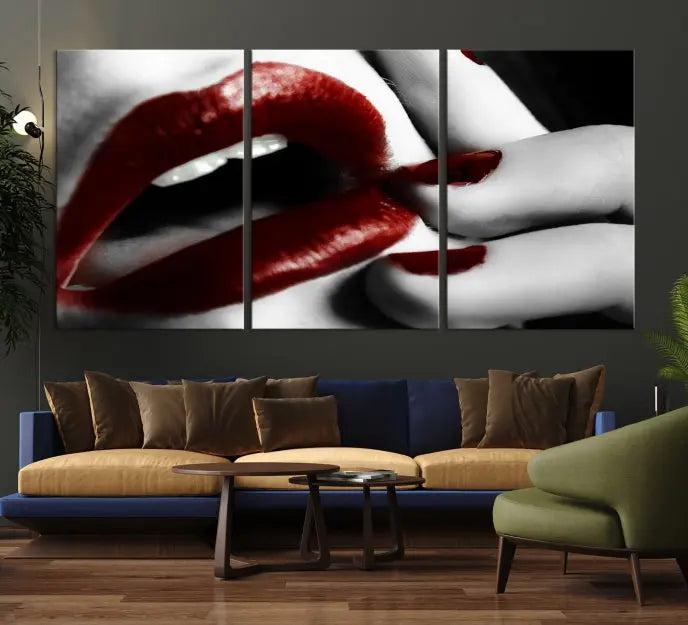 The wall features a black and white photo titled "Red Lips and Women Canvas Print," adding a touch of bold elegance to the room's contemporary art collection.