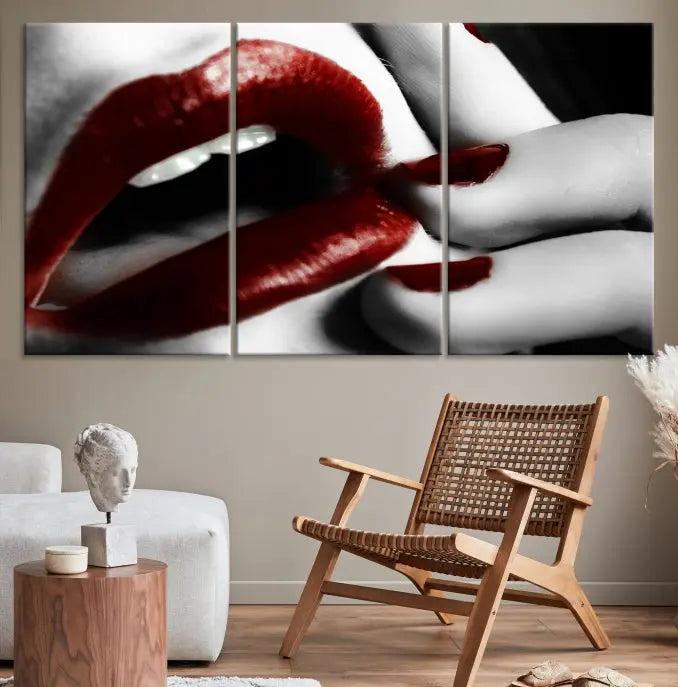 The wall features a black and white photo titled "Red Lips and Women Canvas Print," adding a touch of bold elegance to the room's contemporary art collection.