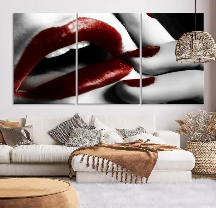 The wall features a black and white photo titled "Red Lips and Women Canvas Print," adding a touch of bold elegance to the room's contemporary art collection.