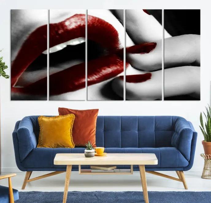 The wall features a black and white photo titled "Red Lips and Women Canvas Print," adding a touch of bold elegance to the room's contemporary art collection.