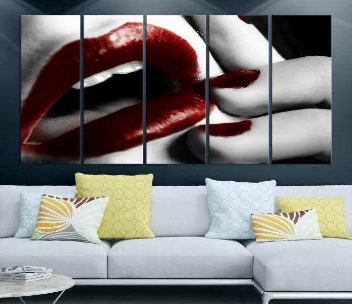 The wall features a black and white photo titled "Red Lips and Women Canvas Print," adding a touch of bold elegance to the room's contemporary art collection.