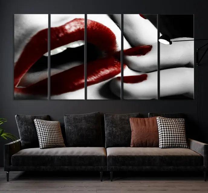 The wall features a black and white photo titled "Red Lips and Women Canvas Print," adding a touch of bold elegance to the room's contemporary art collection.