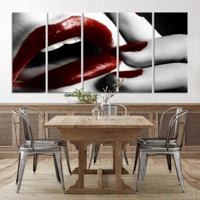 The wall features a black and white photo titled "Red Lips and Women Canvas Print," adding a touch of bold elegance to the room's contemporary art collection.