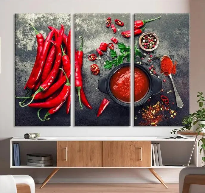 The museum-quality triptych titled "Red Pepper Kitchen and Restaurant Wall" beautifully showcases red chili peppers and spices. This gallery-wrapped canvas print artfully features a pot of red sauce, infusing vibrant energy into the decor.