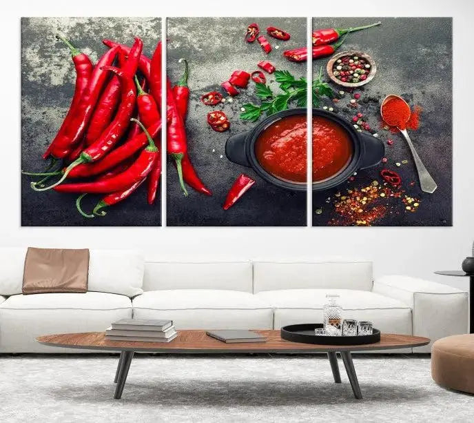 The museum-quality triptych titled "Red Pepper Kitchen and Restaurant Wall" beautifully showcases red chili peppers and spices. This gallery-wrapped canvas print artfully features a pot of red sauce, infusing vibrant energy into the decor.