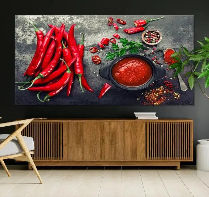 The museum-quality triptych titled "Red Pepper Kitchen and Restaurant Wall" beautifully showcases red chili peppers and spices. This gallery-wrapped canvas print artfully features a pot of red sauce, infusing vibrant energy into the decor.