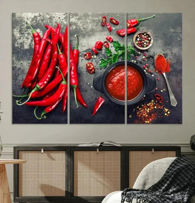 The museum-quality triptych titled "Red Pepper Kitchen and Restaurant Wall" beautifully showcases red chili peppers and spices. This gallery-wrapped canvas print artfully features a pot of red sauce, infusing vibrant energy into the decor.