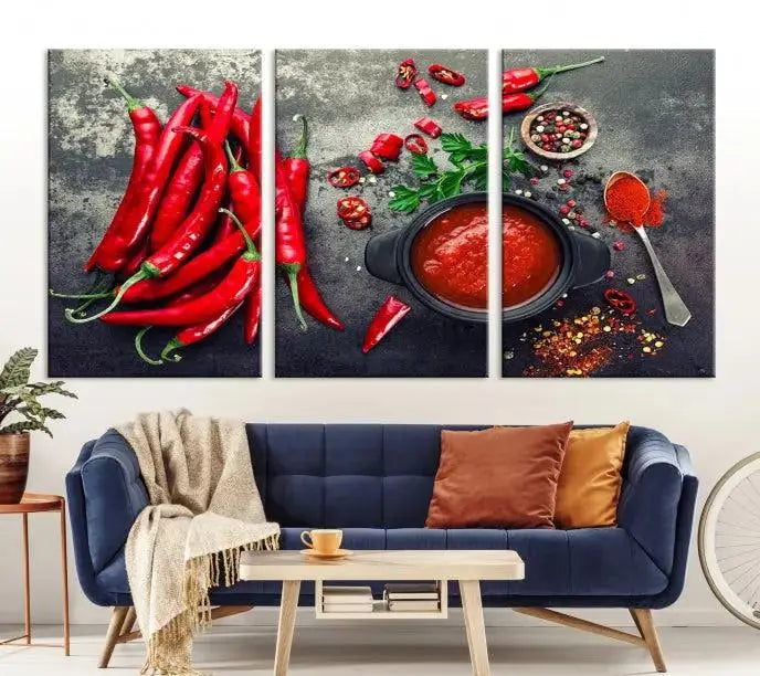 The museum-quality triptych titled "Red Pepper Kitchen and Restaurant Wall" beautifully showcases red chili peppers and spices. This gallery-wrapped canvas print artfully features a pot of red sauce, infusing vibrant energy into the decor.