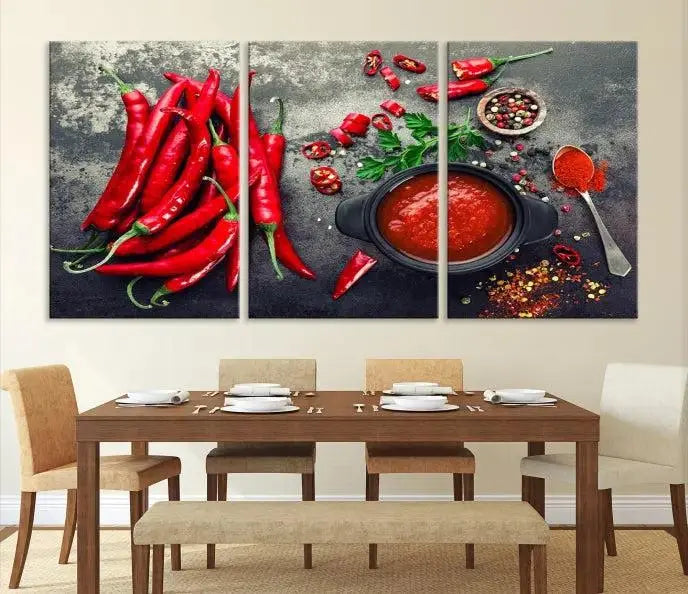 The museum-quality triptych titled "Red Pepper Kitchen and Restaurant Wall" beautifully showcases red chili peppers and spices. This gallery-wrapped canvas print artfully features a pot of red sauce, infusing vibrant energy into the decor.