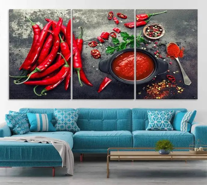 The museum-quality triptych titled "Red Pepper Kitchen and Restaurant Wall" beautifully showcases red chili peppers and spices. This gallery-wrapped canvas print artfully features a pot of red sauce, infusing vibrant energy into the decor.