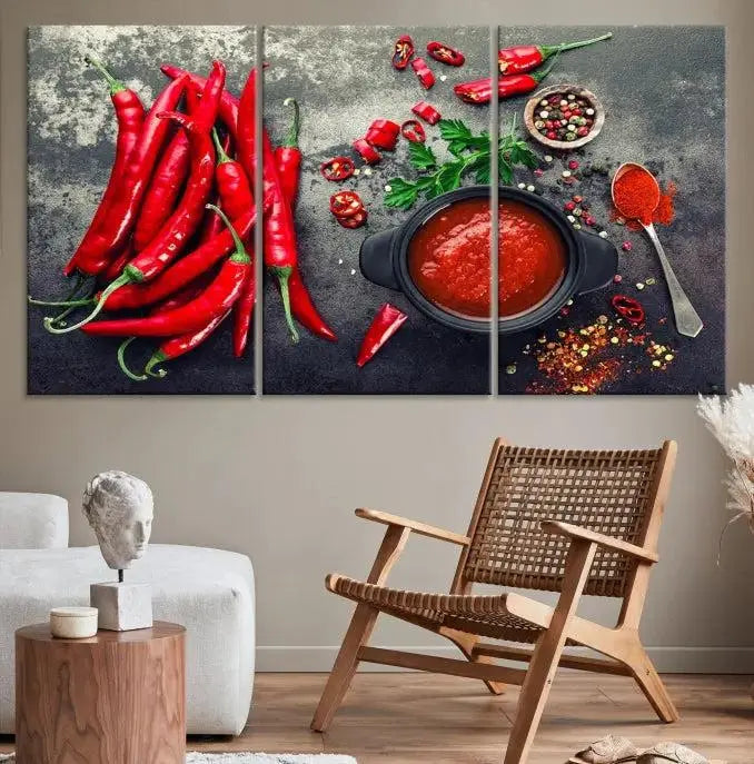 The museum-quality triptych titled "Red Pepper Kitchen and Restaurant Wall" beautifully showcases red chili peppers and spices. This gallery-wrapped canvas print artfully features a pot of red sauce, infusing vibrant energy into the decor.