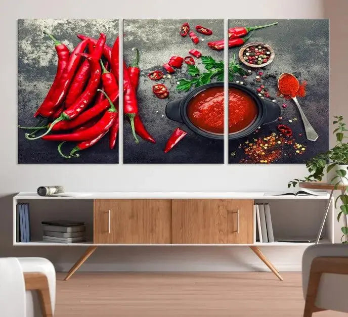 The museum-quality triptych titled "Red Pepper Kitchen and Restaurant Wall" beautifully showcases red chili peppers and spices. This gallery-wrapped canvas print artfully features a pot of red sauce, infusing vibrant energy into the decor.