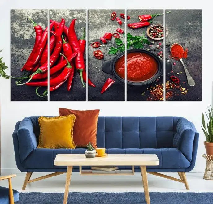 The museum-quality triptych titled "Red Pepper Kitchen and Restaurant Wall" beautifully showcases red chili peppers and spices. This gallery-wrapped canvas print artfully features a pot of red sauce, infusing vibrant energy into the decor.