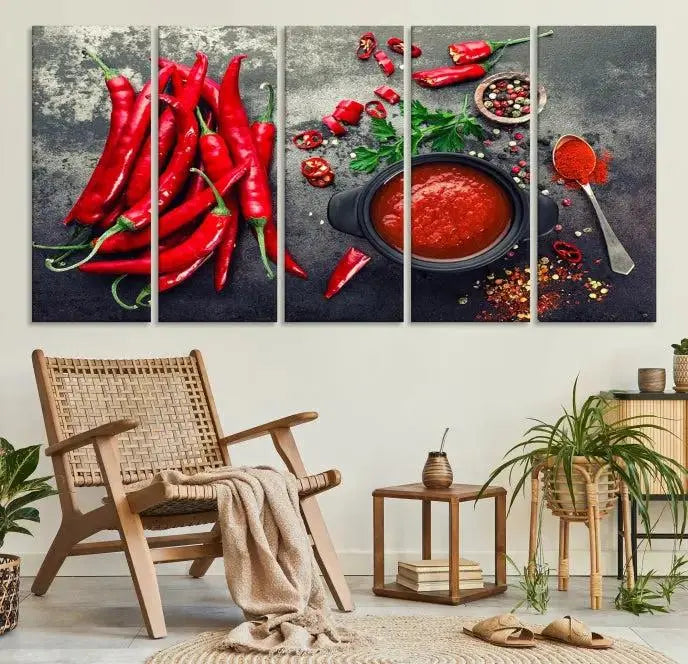 The museum-quality triptych titled "Red Pepper Kitchen and Restaurant Wall" beautifully showcases red chili peppers and spices. This gallery-wrapped canvas print artfully features a pot of red sauce, infusing vibrant energy into the decor.