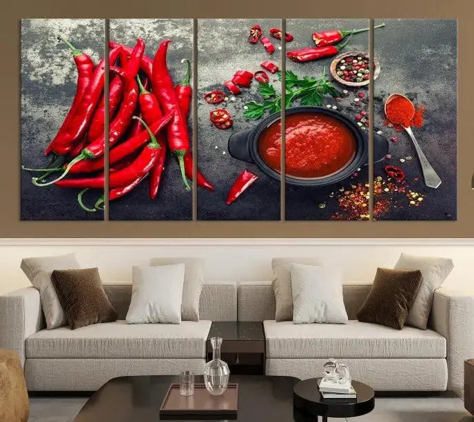 The museum-quality triptych titled "Red Pepper Kitchen and Restaurant Wall" beautifully showcases red chili peppers and spices. This gallery-wrapped canvas print artfully features a pot of red sauce, infusing vibrant energy into the decor.