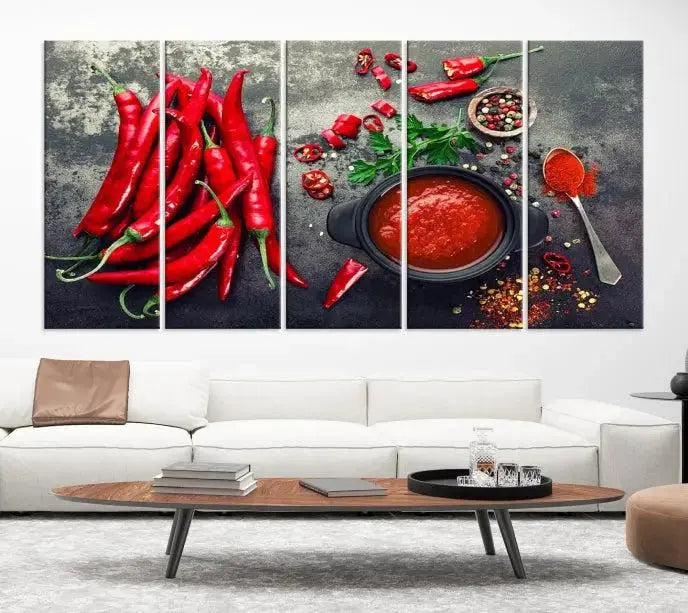 The museum-quality triptych titled "Red Pepper Kitchen and Restaurant Wall" beautifully showcases red chili peppers and spices. This gallery-wrapped canvas print artfully features a pot of red sauce, infusing vibrant energy into the decor.