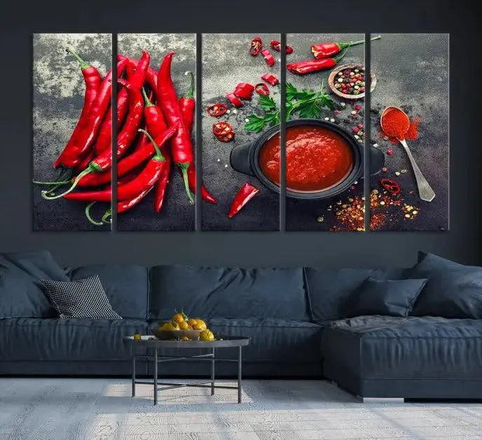 The museum-quality triptych titled "Red Pepper Kitchen and Restaurant Wall" beautifully showcases red chili peppers and spices. This gallery-wrapped canvas print artfully features a pot of red sauce, infusing vibrant energy into the decor.