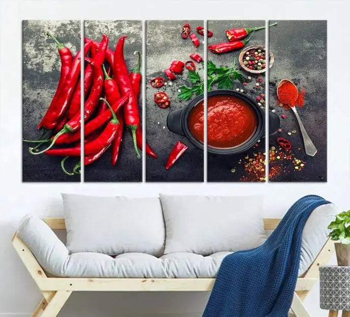 The museum-quality triptych titled "Red Pepper Kitchen and Restaurant Wall" beautifully showcases red chili peppers and spices. This gallery-wrapped canvas print artfully features a pot of red sauce, infusing vibrant energy into the decor.