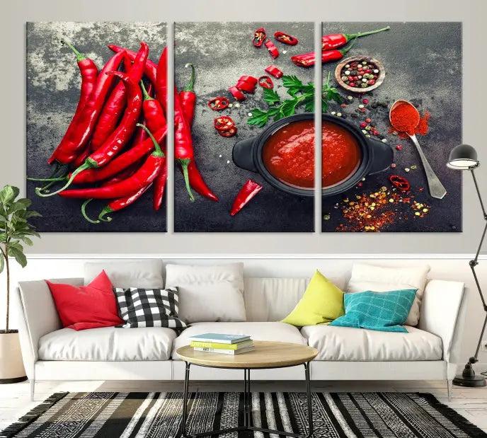 The museum-quality triptych titled "Red Pepper Kitchen and Restaurant Wall" beautifully showcases red chili peppers and spices. This gallery-wrapped canvas print artfully features a pot of red sauce, infusing vibrant energy into the decor.