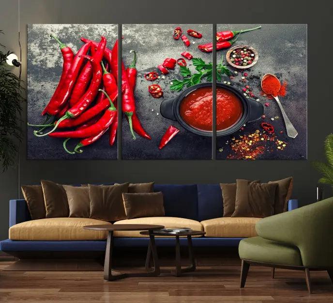 The museum-quality triptych titled "Red Pepper Kitchen and Restaurant Wall" beautifully showcases red chili peppers and spices. This gallery-wrapped canvas print artfully features a pot of red sauce, infusing vibrant energy into the decor.