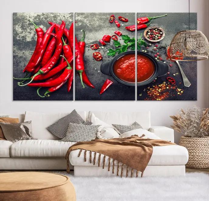 The museum-quality triptych titled "Red Pepper Kitchen and Restaurant Wall" beautifully showcases red chili peppers and spices. This gallery-wrapped canvas print artfully features a pot of red sauce, infusing vibrant energy into the decor.