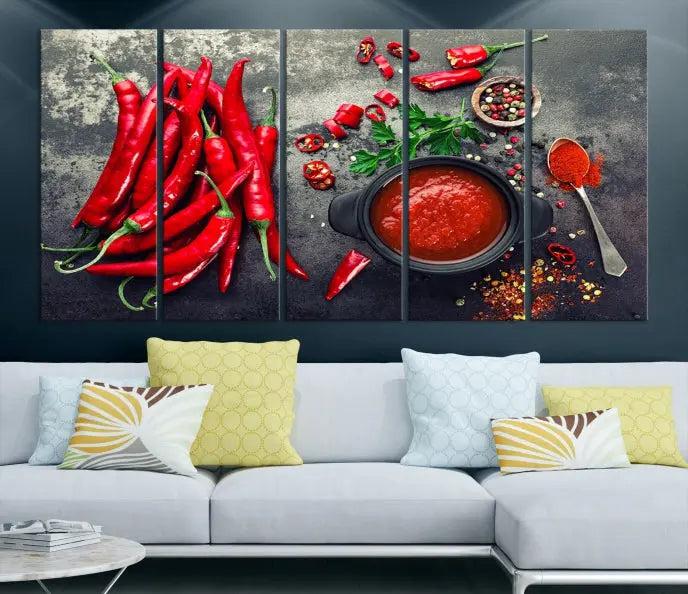 The museum-quality triptych titled "Red Pepper Kitchen and Restaurant Wall" beautifully showcases red chili peppers and spices. This gallery-wrapped canvas print artfully features a pot of red sauce, infusing vibrant energy into the decor.