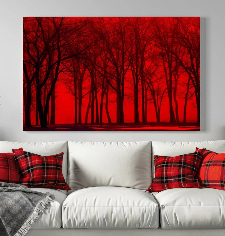 The "Red Sky and Forest Wall Art Print Triptych Canvas Print," with its striking silhouette of trees set against a vibrant red backdrop, adds a touch of elegance to any room. Enjoy this hand-assembled canvas masterpiece with free shipping.