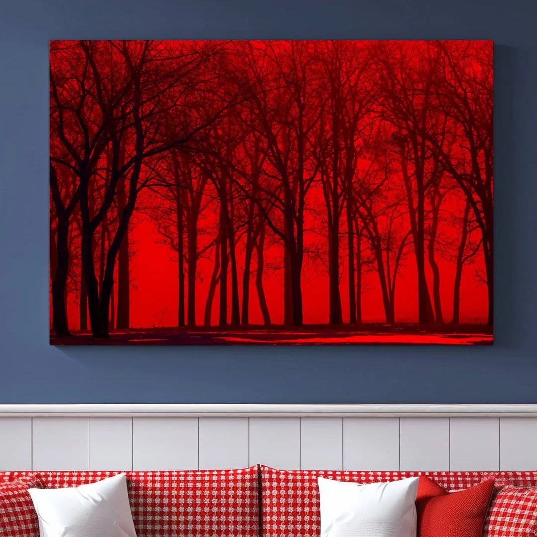 The "Red Sky and Forest Wall Art Print Triptych Canvas Print," with its striking silhouette of trees set against a vibrant red backdrop, adds a touch of elegance to any room. Enjoy this hand-assembled canvas masterpiece with free shipping.