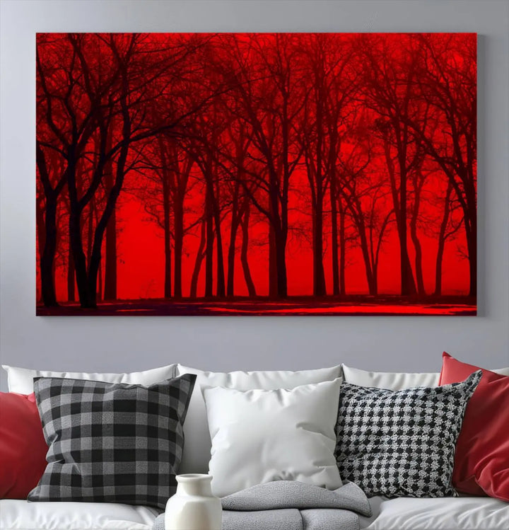 The "Red Sky and Forest Wall Art Print Triptych Canvas Print," with its striking silhouette of trees set against a vibrant red backdrop, adds a touch of elegance to any room. Enjoy this hand-assembled canvas masterpiece with free shipping.