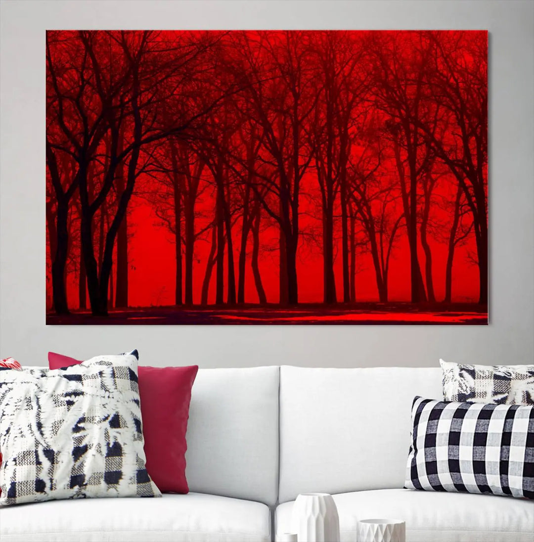 The "Red Sky and Forest Wall Art Print Triptych Canvas Print," with its striking silhouette of trees set against a vibrant red backdrop, adds a touch of elegance to any room. Enjoy this hand-assembled canvas masterpiece with free shipping.