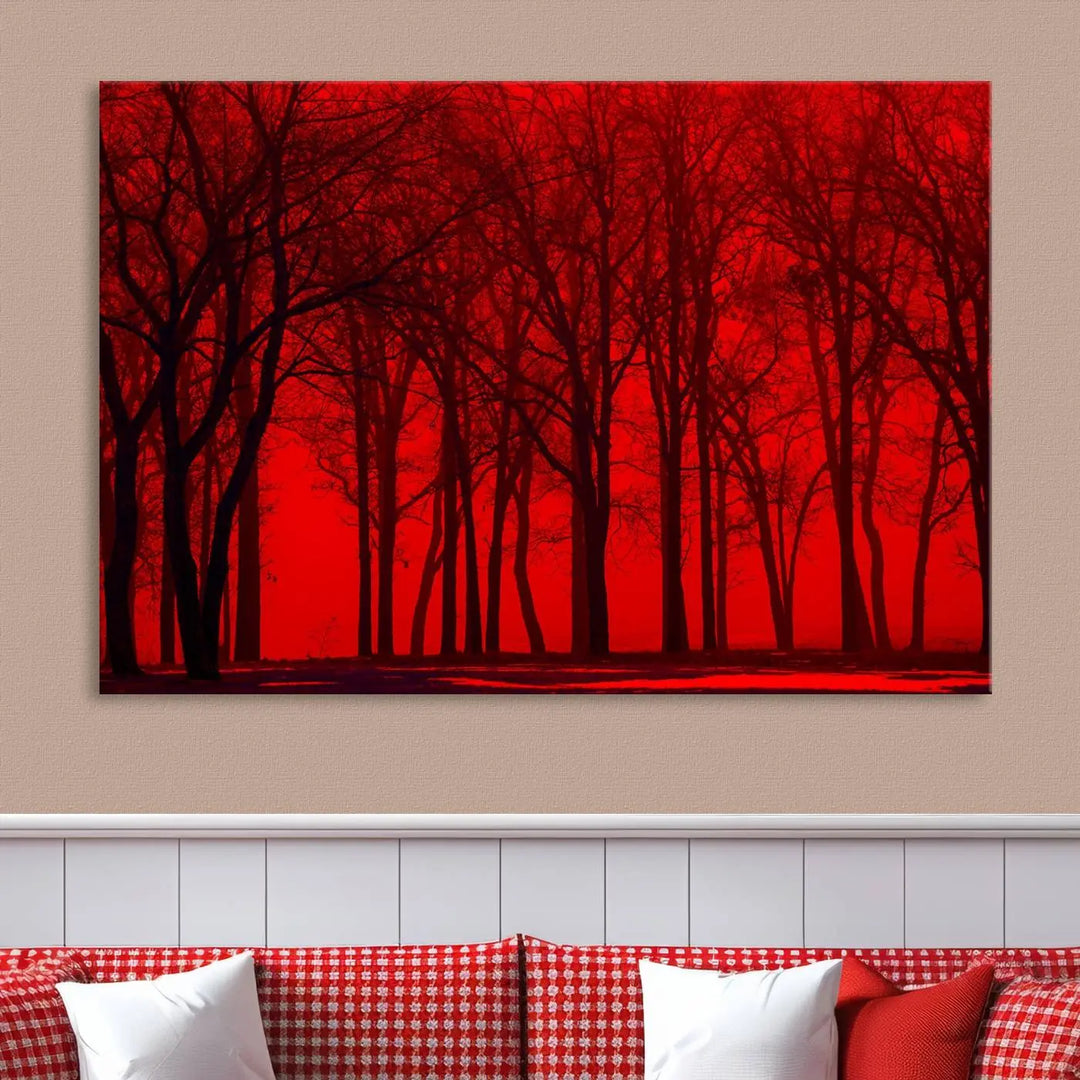 The "Red Sky and Forest Wall Art Print Triptych Canvas Print," with its striking silhouette of trees set against a vibrant red backdrop, adds a touch of elegance to any room. Enjoy this hand-assembled canvas masterpiece with free shipping.