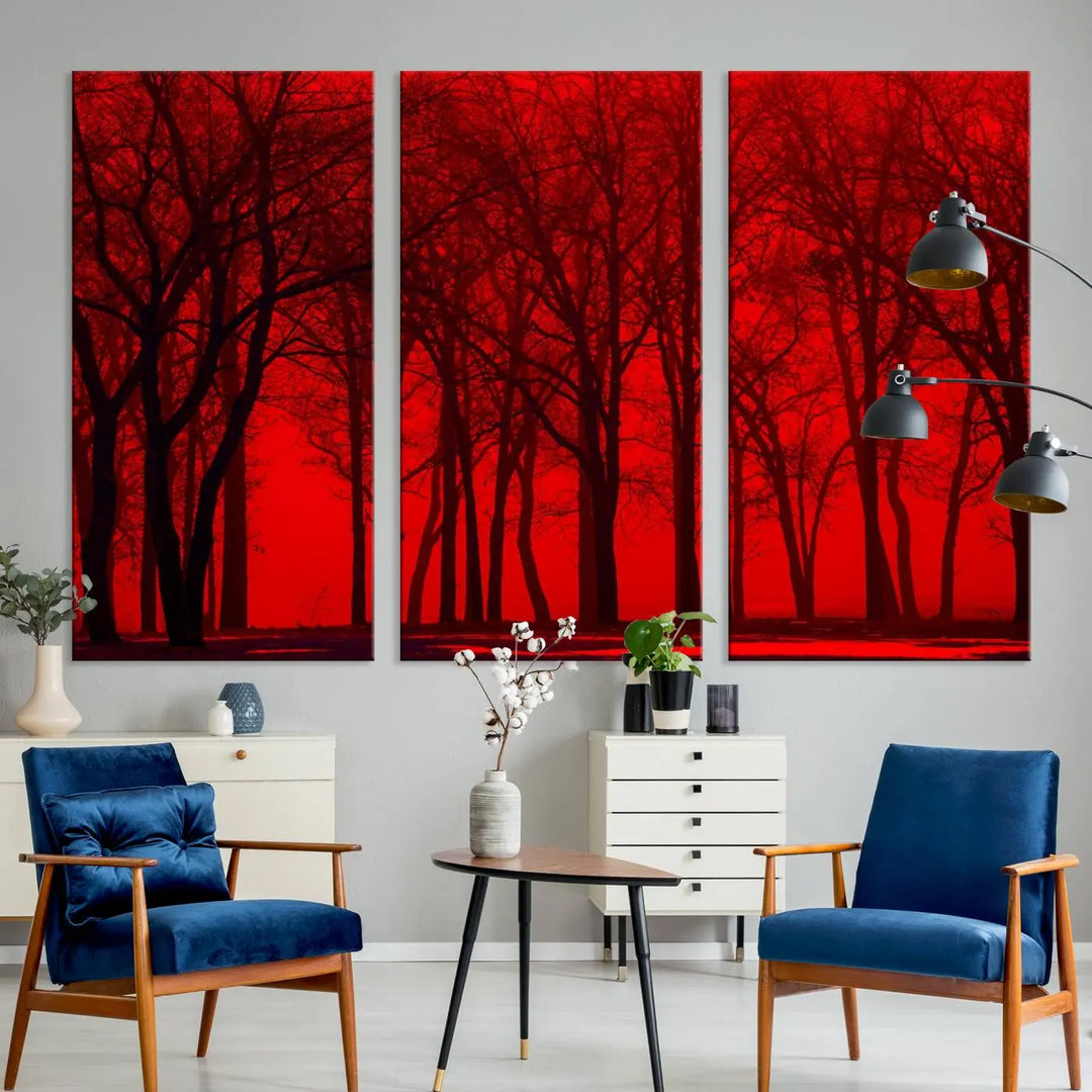 The "Red Sky and Forest Wall Art Print Triptych Canvas Print," with its striking silhouette of trees set against a vibrant red backdrop, adds a touch of elegance to any room. Enjoy this hand-assembled canvas masterpiece with free shipping.