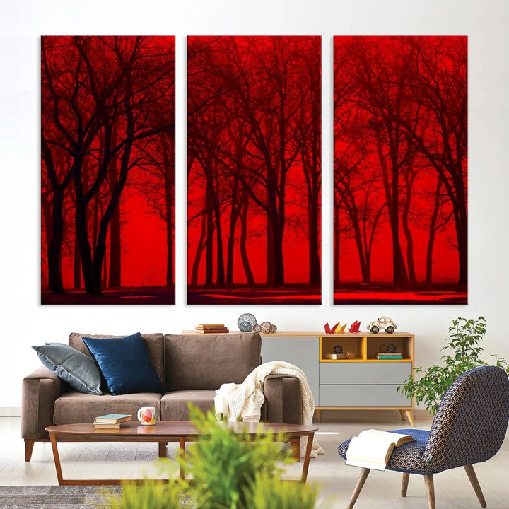 The "Red Sky and Forest Wall Art Print Triptych Canvas Print," with its striking silhouette of trees set against a vibrant red backdrop, adds a touch of elegance to any room. Enjoy this hand-assembled canvas masterpiece with free shipping.