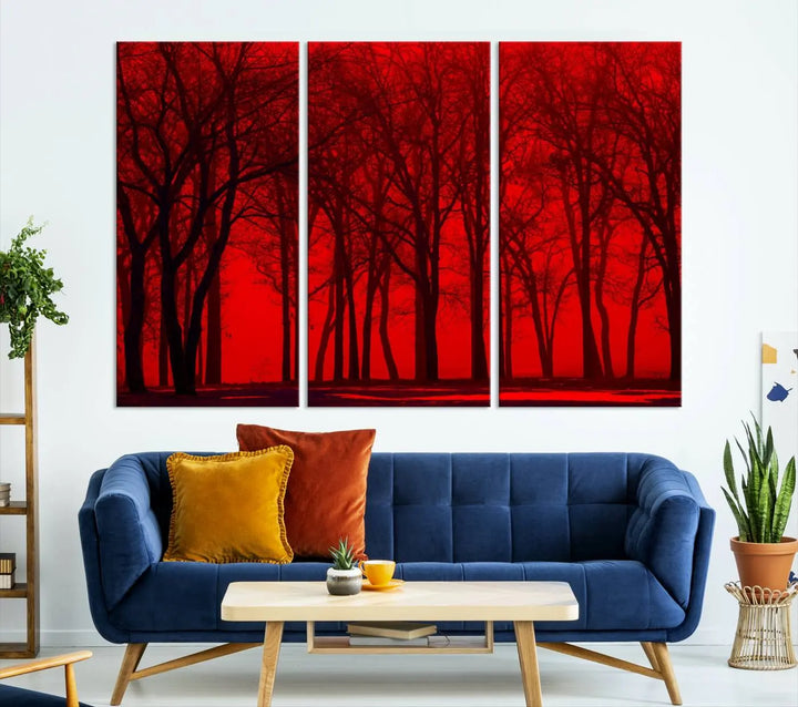 The "Red Sky and Forest Wall Art Print Triptych Canvas Print," with its striking silhouette of trees set against a vibrant red backdrop, adds a touch of elegance to any room. Enjoy this hand-assembled canvas masterpiece with free shipping.